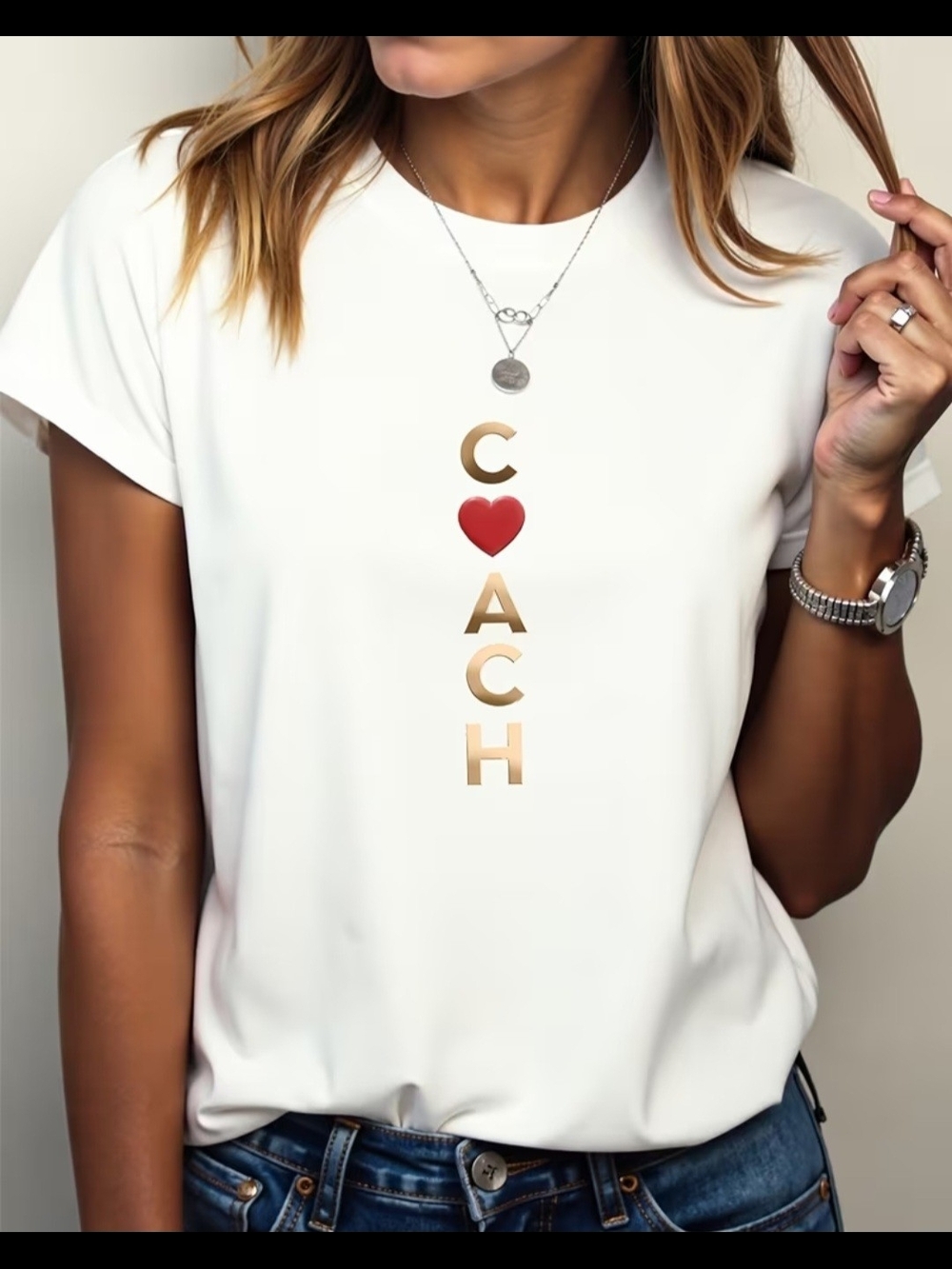 Source Unknown White Tee with Gold Vertical Logo and Red Heart